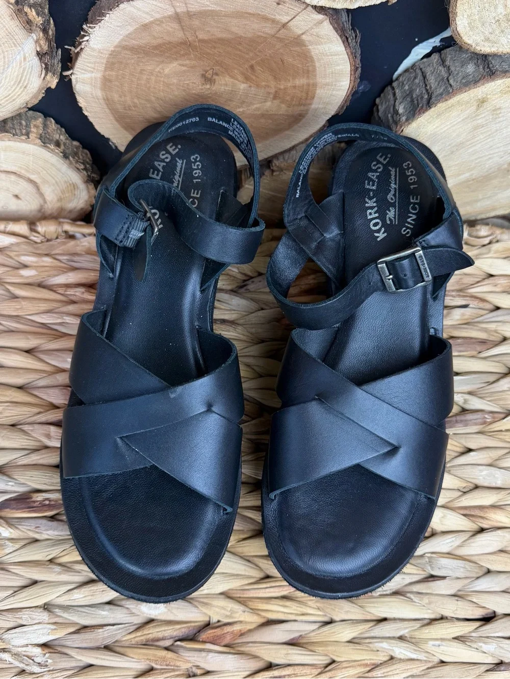 Kork-Ease Ava Classic Black Leather Platform Sandals with Cross-Strap